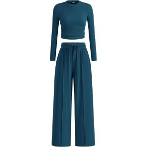 imageBTFBM Casual 2 Piece Sets For Women Spring Outfits 2025 Long Sleeve Crop Top Wide Leg Pants Summer Matching Lounge SetSolid Lake Blue