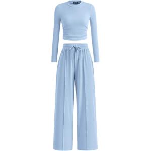 imageBTFBM Casual 2 Piece Sets For Women Spring Outfits 2025 Long Sleeve Crop Top Wide Leg Pants Summer Matching Lounge SetSolid Light Blue