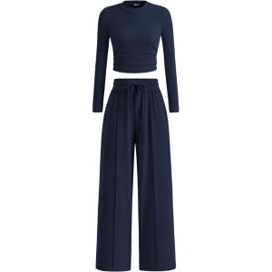 imageBTFBM Casual 2 Piece Sets For Women Spring Outfits 2025 Long Sleeve Crop Top Wide Leg Pants Summer Matching Lounge SetSolid Navy
