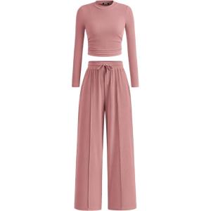 imageBTFBM Casual 2 Piece Sets For Women Spring Outfits 2025 Long Sleeve Crop Top Wide Leg Pants Summer Matching Lounge SetSolid Pink