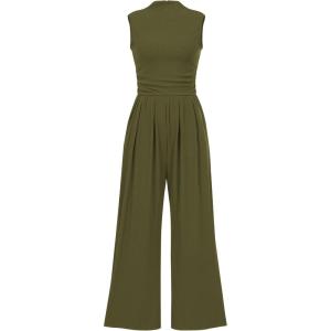 imageBTFBM One Piece Jumpsuits For Women Dressy Casual Spring Summer Outfits 2025 Sleeveless Mock Neck Wide Leg Pants RompersArmy Green