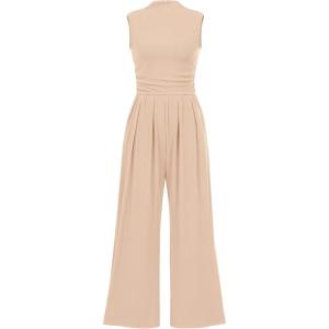 imageBTFBM One Piece Jumpsuits For Women Dressy Casual Spring Summer Outfits 2025 Sleeveless Mock Neck Wide Leg Pants RompersBeige