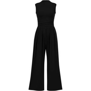 imageBTFBM One Piece Jumpsuits For Women Dressy Casual Spring Summer Outfits 2025 Sleeveless Mock Neck Wide Leg Pants RompersBlack