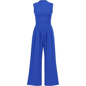 imageBTFBM One Piece Jumpsuits For Women Dressy Casual Spring Summer Outfits 2025 Sleeveless Mock Neck Wide Leg Pants RompersBlue