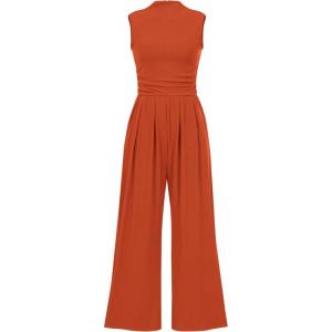 imageBTFBM One Piece Jumpsuits For Women Dressy Casual Spring Summer Outfits 2025 Sleeveless Mock Neck Wide Leg Pants RompersBrick Red