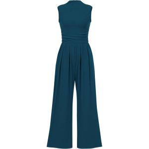imageBTFBM One Piece Jumpsuits For Women Dressy Casual Spring Summer Outfits 2025 Sleeveless Mock Neck Wide Leg Pants RompersLake Blue
