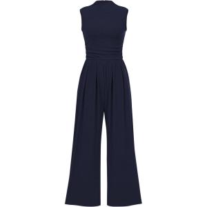 imageBTFBM One Piece Jumpsuits For Women Dressy Casual Spring Summer Outfits 2025 Sleeveless Mock Neck Wide Leg Pants RompersNavy