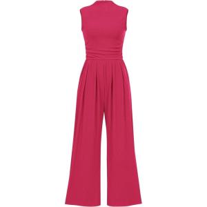 imageBTFBM One Piece Jumpsuits For Women Dressy Casual Spring Summer Outfits 2025 Sleeveless Mock Neck Wide Leg Pants RompersRose Red