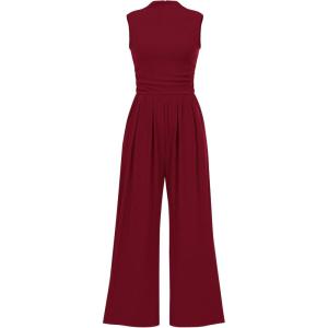 imageBTFBM One Piece Jumpsuits For Women Dressy Casual Spring Summer Outfits 2025 Sleeveless Mock Neck Wide Leg Pants RompersWine Red