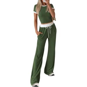 imageBTFBM Womens 2 Piece Outfits 2025 Spring Fashion Casual Clothes Ribbed Knit Crop Top Wide Leg Pants Tracksuit Lounge SetArmy Green