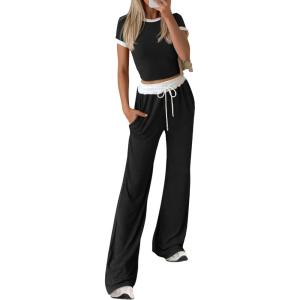 imageBTFBM Womens 2 Piece Outfits 2025 Spring Fashion Casual Clothes Ribbed Knit Crop Top Wide Leg Pants Tracksuit Lounge SetBlack