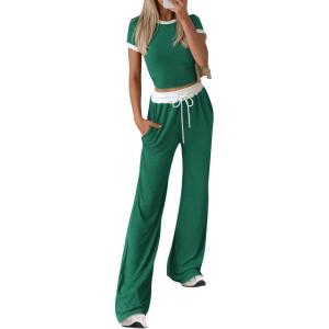 imageBTFBM Womens 2 Piece Outfits 2025 Spring Fashion Casual Clothes Ribbed Knit Crop Top Wide Leg Pants Tracksuit Lounge SetDark Green