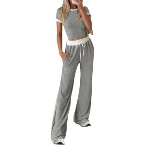 imageBTFBM Womens 2 Piece Outfits 2025 Spring Fashion Casual Clothes Ribbed Knit Crop Top Wide Leg Pants Tracksuit Lounge SetGrey