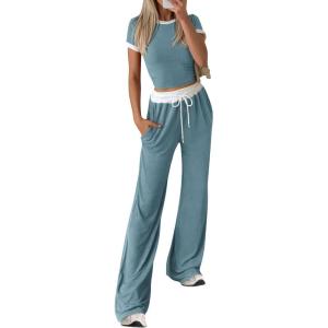 imageBTFBM Womens 2 Piece Outfits 2025 Spring Fashion Casual Clothes Ribbed Knit Crop Top Wide Leg Pants Tracksuit Lounge SetGrey Blue