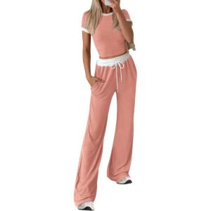 imageBTFBM Womens 2 Piece Outfits 2025 Spring Fashion Casual Clothes Ribbed Knit Crop Top Wide Leg Pants Tracksuit Lounge SetPink
