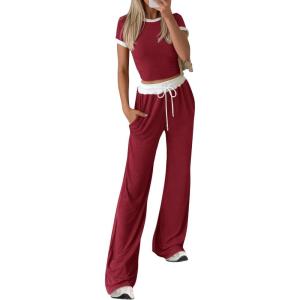 imageBTFBM Womens 2 Piece Outfits 2025 Spring Fashion Casual Clothes Ribbed Knit Crop Top Wide Leg Pants Tracksuit Lounge SetWine Red