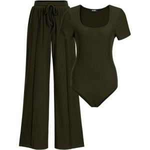 imageBTFBM Womens Casual 2 Pieces Outfits Dressy Square Neck Short Sleeve Bodysuit Drawstring Pants Knit Lounge Matching SetsSolid Army Green