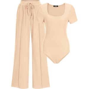 imageBTFBM Womens Casual 2 Pieces Outfits Dressy Square Neck Short Sleeve Bodysuit Drawstring Pants Knit Lounge Matching SetsSolid Beige