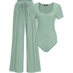 imageBTFBM Womens Casual 2 Pieces Outfits Dressy Square Neck Short Sleeve Bodysuit Drawstring Pants Knit Lounge Matching SetsSolid Fruit Green