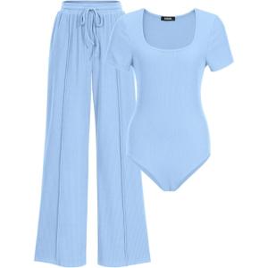 imageBTFBM Womens Casual 2 Pieces Outfits Dressy Square Neck Short Sleeve Bodysuit Drawstring Pants Knit Lounge Matching SetsSolid Light Blue