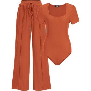 imageBTFBM Womens Casual 2 Pieces Outfits Dressy Square Neck Short Sleeve Bodysuit Drawstring Pants Knit Lounge Matching SetsSolid Orange