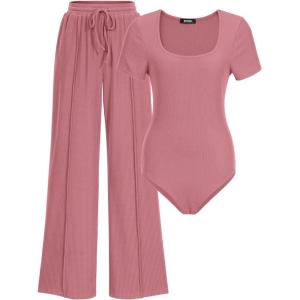imageBTFBM Womens Casual 2 Pieces Outfits Dressy Square Neck Short Sleeve Bodysuit Drawstring Pants Knit Lounge Matching SetsSolid Pink