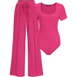 imageBTFBM Womens Casual 2 Pieces Outfits Dressy Square Neck Short Sleeve Bodysuit Drawstring Pants Knit Lounge Matching SetsSolid Rose Red