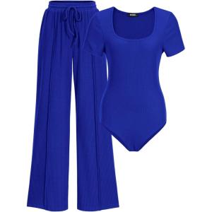imageBTFBM Womens Casual 2 Pieces Outfits Dressy Square Neck Short Sleeve Bodysuit Drawstring Pants Knit Lounge Matching SetsSolid Royal Blue