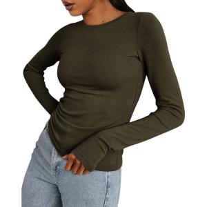 imageBTFBM Womens Casual Long Sleeve Tops Spring Fall 2025 Crew Neck Workout Shirt Stretchy Slim Fit Basic Y2K Going Out TopArmy Green