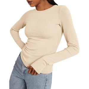 imageBTFBM Womens Casual Long Sleeve Tops Spring Fall 2025 Crew Neck Workout Shirt Stretchy Slim Fit Basic Y2K Going Out TopBeige