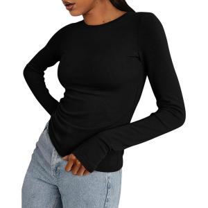 imageBTFBM Womens Casual Long Sleeve Tops Spring Fall 2025 Crew Neck Workout Shirt Stretchy Slim Fit Basic Y2K Going Out TopBlack