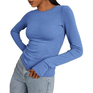 imageBTFBM Womens Casual Long Sleeve Tops Spring Fall 2025 Crew Neck Workout Shirt Stretchy Slim Fit Basic Y2K Going Out TopBlue