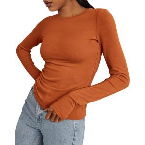 imageBTFBM Womens Casual Long Sleeve Tops Spring Fall 2025 Crew Neck Workout Shirt Stretchy Slim Fit Basic Y2K Going Out TopBrick Red