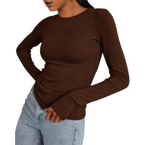 imageBTFBM Womens Casual Long Sleeve Tops Spring Fall 2025 Crew Neck Workout Shirt Stretchy Slim Fit Basic Y2K Going Out TopCoffee