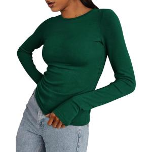 imageBTFBM Womens Casual Long Sleeve Tops Spring Fall 2025 Crew Neck Workout Shirt Stretchy Slim Fit Basic Y2K Going Out TopGreen