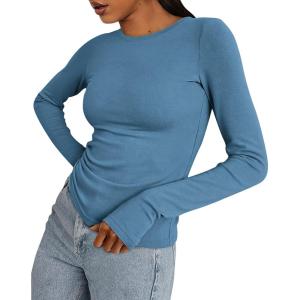 imageBTFBM Womens Casual Long Sleeve Tops Spring Fall 2025 Crew Neck Workout Shirt Stretchy Slim Fit Basic Y2K Going Out TopGrey Blue