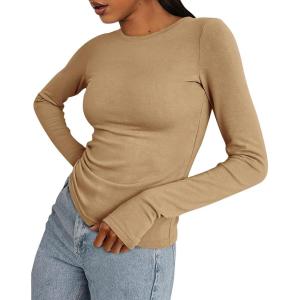 imageBTFBM Womens Casual Long Sleeve Tops Spring Fall 2025 Crew Neck Workout Shirt Stretchy Slim Fit Basic Y2K Going Out TopKhaki