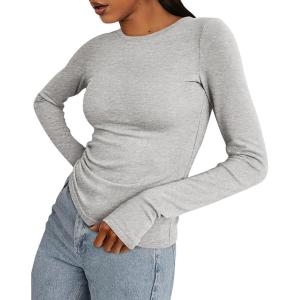 imageBTFBM Womens Casual Long Sleeve Tops Spring Fall 2025 Crew Neck Workout Shirt Stretchy Slim Fit Basic Y2K Going Out TopLight Grey