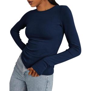 imageBTFBM Womens Casual Long Sleeve Tops Spring Fall 2025 Crew Neck Workout Shirt Stretchy Slim Fit Basic Y2K Going Out TopNavy
