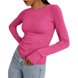 imageBTFBM Womens Casual Long Sleeve Tops Spring Fall 2025 Crew Neck Workout Shirt Stretchy Slim Fit Basic Y2K Going Out TopRose Red