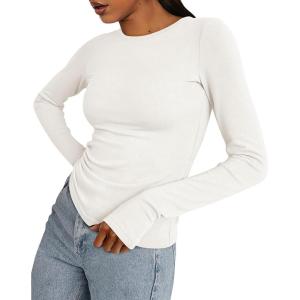 imageBTFBM Womens Casual Long Sleeve Tops Spring Fall 2025 Crew Neck Workout Shirt Stretchy Slim Fit Basic Y2K Going Out TopWhite