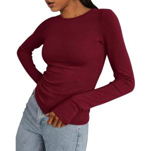 imageBTFBM Womens Casual Long Sleeve Tops Spring Fall 2025 Crew Neck Workout Shirt Stretchy Slim Fit Basic Y2K Going Out TopWine Red