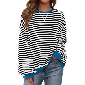 imageBTFBM Womens Striped Pullover Tops Fall Clothes 2025 Long Sleeve Shirts Trendy Soft Crew Neck Loose Y2K SweatshirtsBlack White