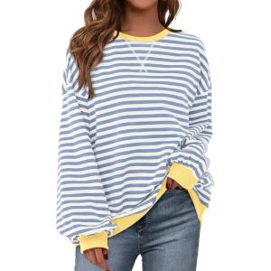 imageBTFBM Womens Striped Pullover Tops Fall Clothes 2025 Long Sleeve Shirts Trendy Soft Crew Neck Loose Y2K SweatshirtsBlue Beige White
