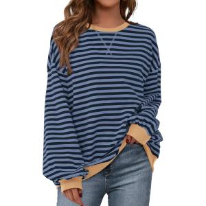 imageBTFBM Womens Striped Pullover Tops Fall Clothes 2025 Long Sleeve Shirts Trendy Soft Crew Neck Loose Y2K SweatshirtsBlue Navy