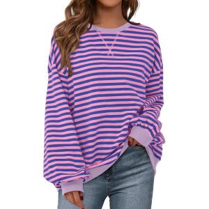 imageBTFBM Womens Striped Pullover Tops Fall Clothes 2025 Long Sleeve Shirts Trendy Soft Crew Neck Loose Y2K SweatshirtsBlue Pink