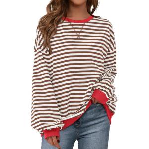 imageBTFBM Womens Striped Pullover Tops Fall Clothes 2025 Long Sleeve Shirts Trendy Soft Crew Neck Loose Y2K SweatshirtsBrown White