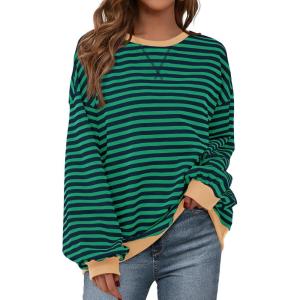 imageBTFBM Womens Striped Pullover Tops Fall Clothes 2025 Long Sleeve Shirts Trendy Soft Crew Neck Loose Y2K SweatshirtsGreen Navy