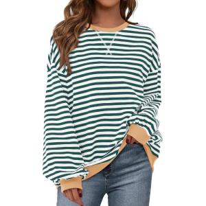 imageBTFBM Womens Striped Pullover Tops Fall Clothes 2025 Long Sleeve Shirts Trendy Soft Crew Neck Loose Y2K SweatshirtsGreen White