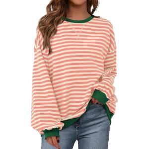 imageBTFBM Womens Striped Pullover Tops Fall Clothes 2025 Long Sleeve Shirts Trendy Soft Crew Neck Loose Y2K SweatshirtsLight Orange Apricot